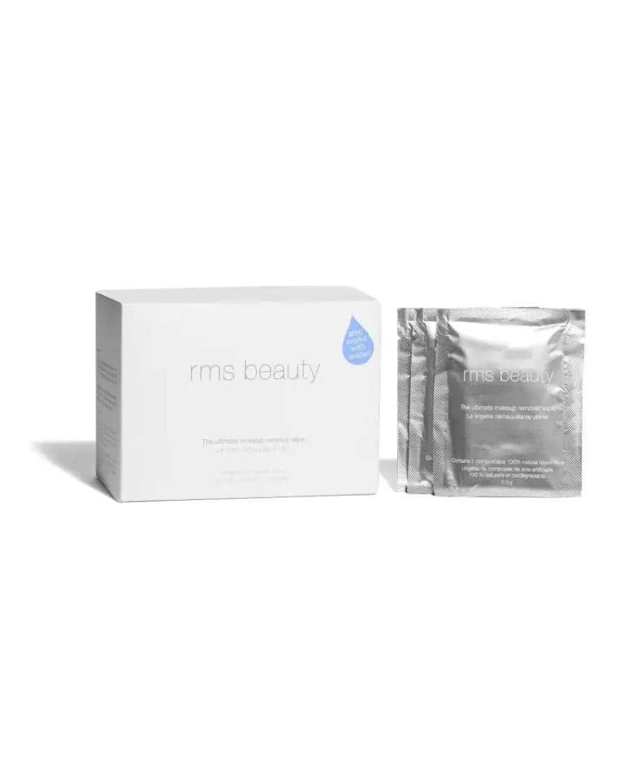 RMS Beauty Ultimate Makeup Remover Wipe in packaging, soft cotton cloth for gentle makeup removal from skin.