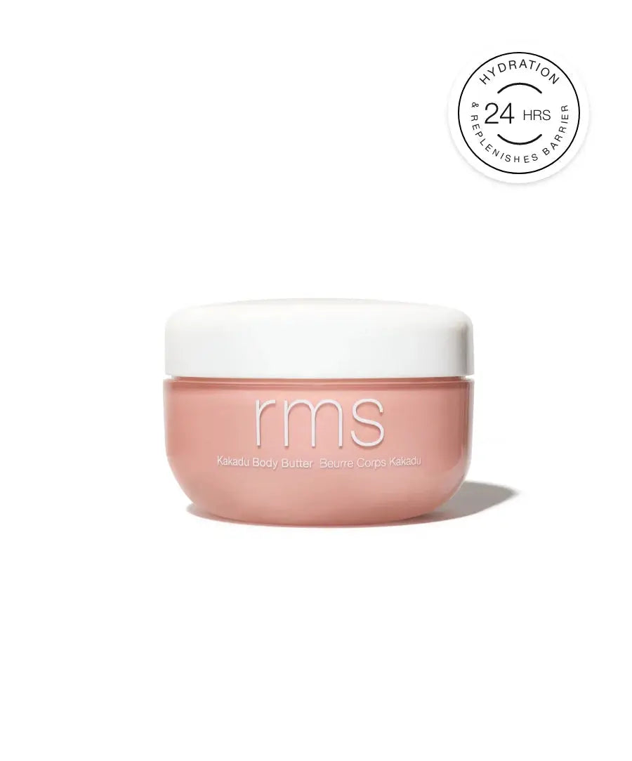 RMS Beauty Kakadu Body Butter jar with white lid and natural label, showcasing smooth, creamy texture for nourishing skin.