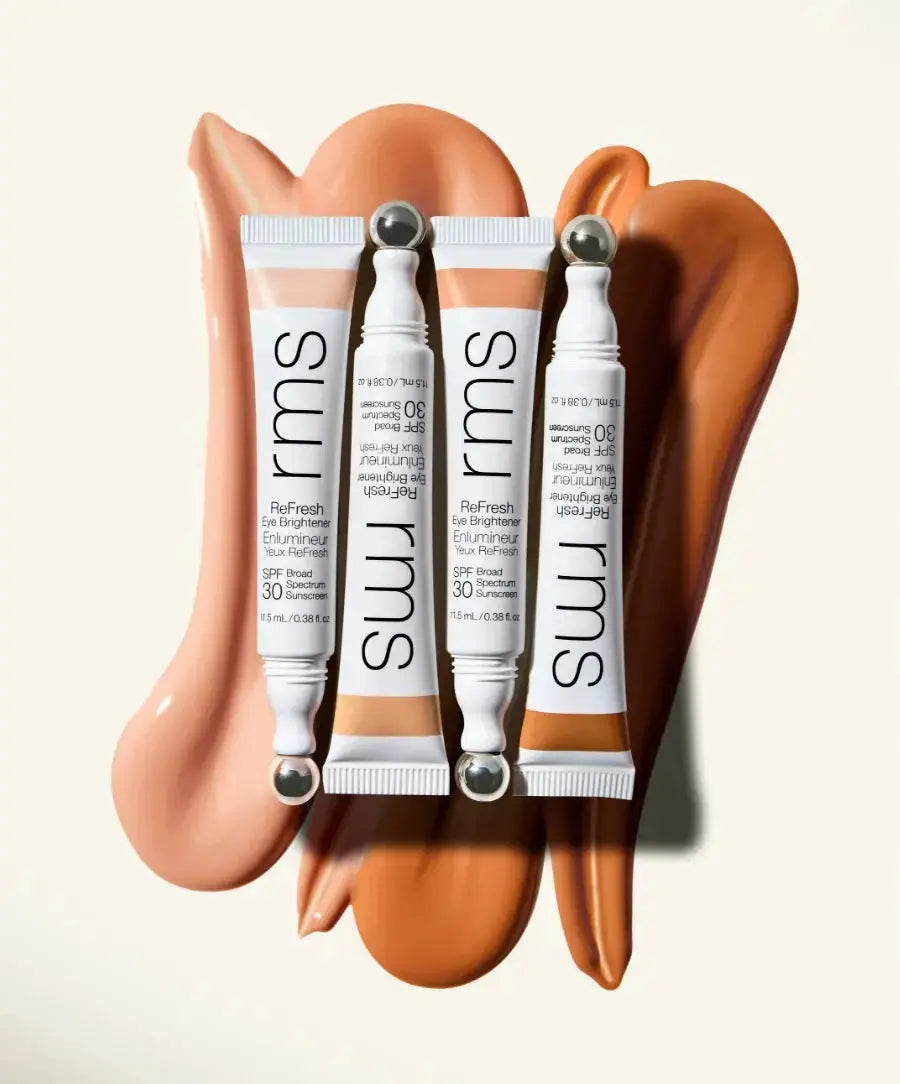RMS Beauty ReFresh Eye Brightener makeup with SPF 30 and correcting tint, showcasing a compact with smooth, tinted formula for brightening eyes.