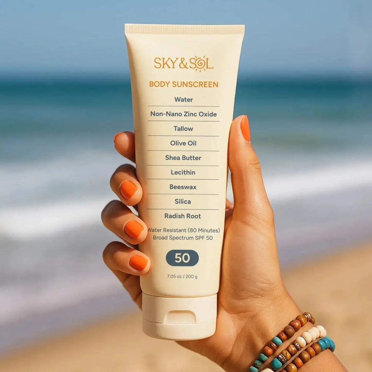 Sky and Sol Tallow Body Sunscreen SPF 50 bottle with pump dispenser, showing the product label and packaging.