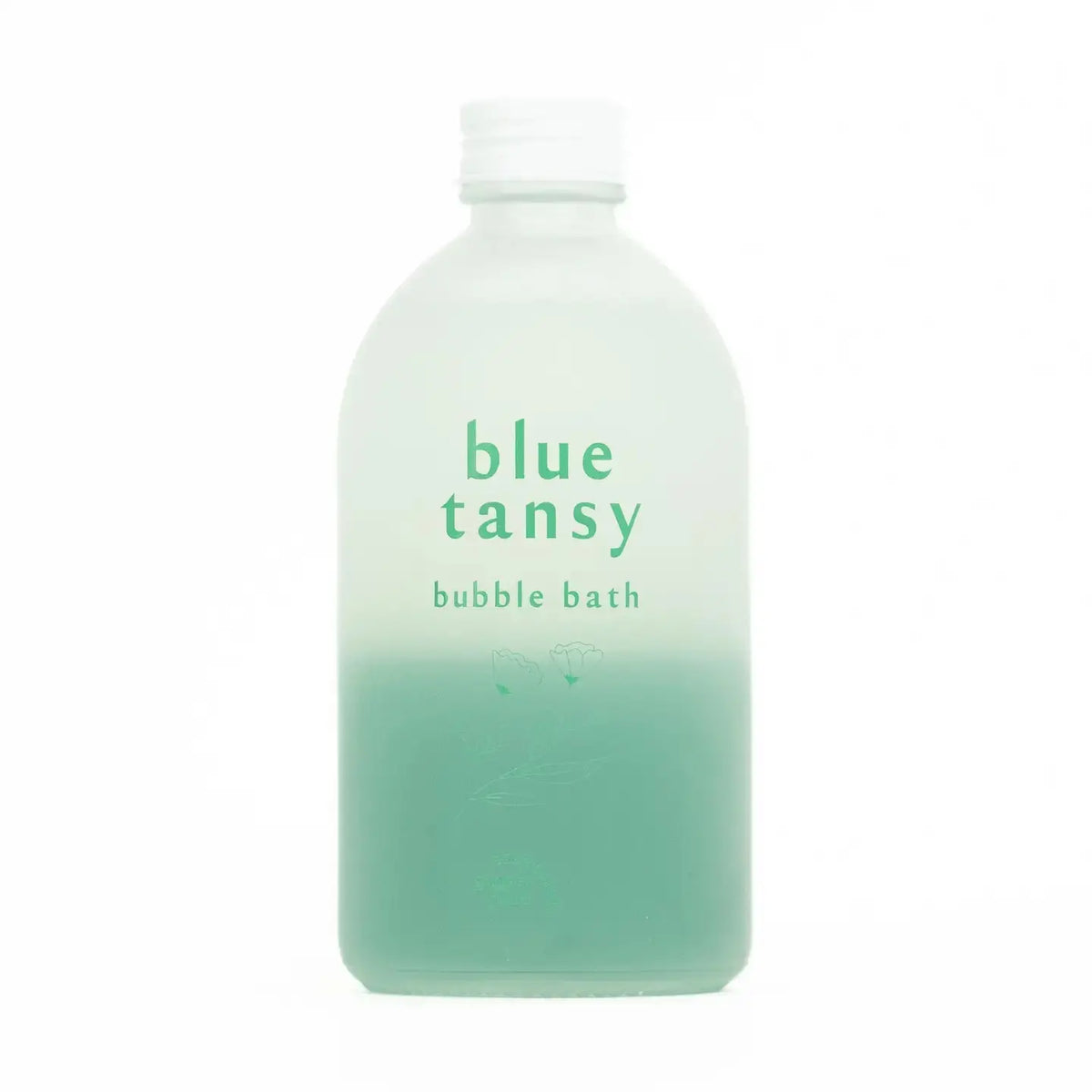 Blue Tansy Clean Bubble Bath by Sprig Beauty Co, showing a relaxing bath scene with blue-tinted bubbles and botanical accents.