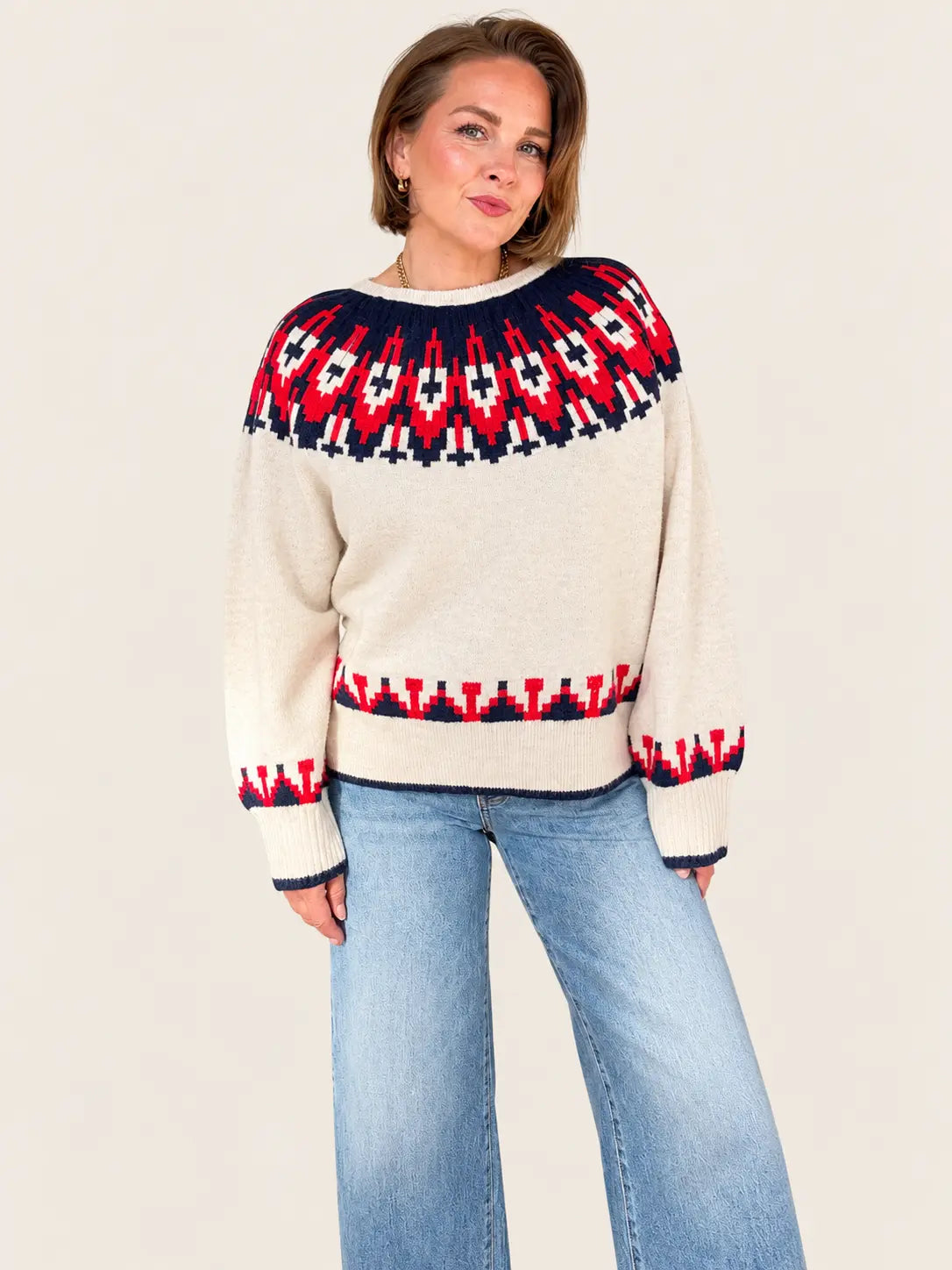 Stateside Alpine Fair Isle Sweater, cozy knit apparel with traditional Fair Isle pattern in natural colors, front view.