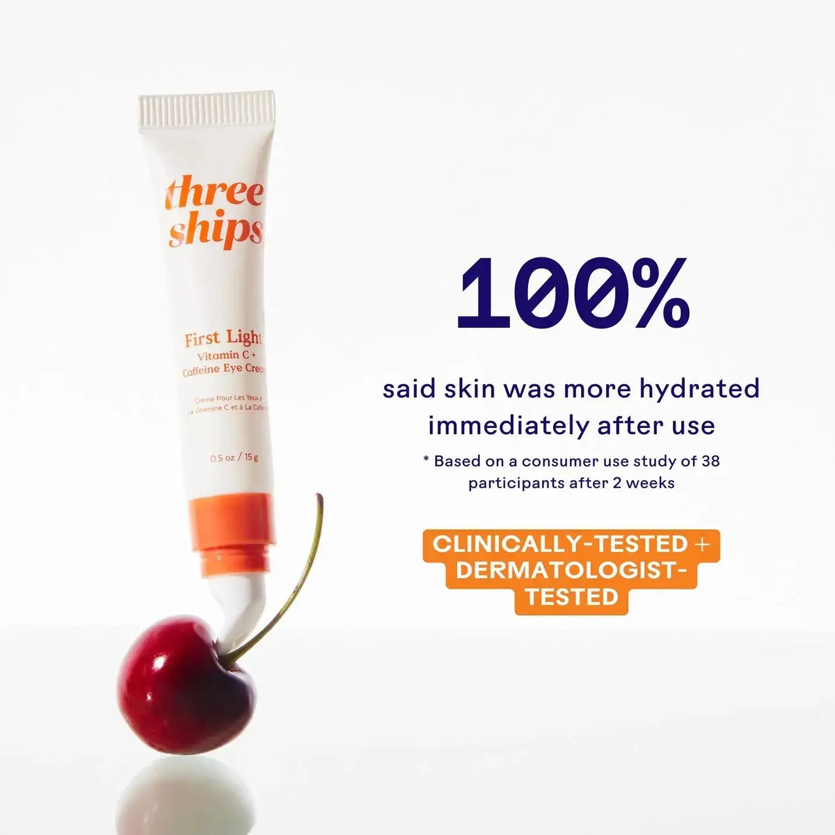 First Light Vitamin C and Caffeine Eye Cream by Three Ships, showing the product tube with bright packaging and applicator tip.