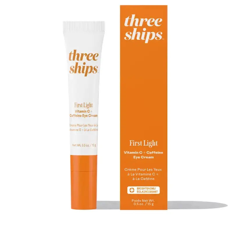 Three Ships First Light Vitamin C + Caffeine Eye Cream in a sleek jar, showcasing brightening and energizing eye treatment.