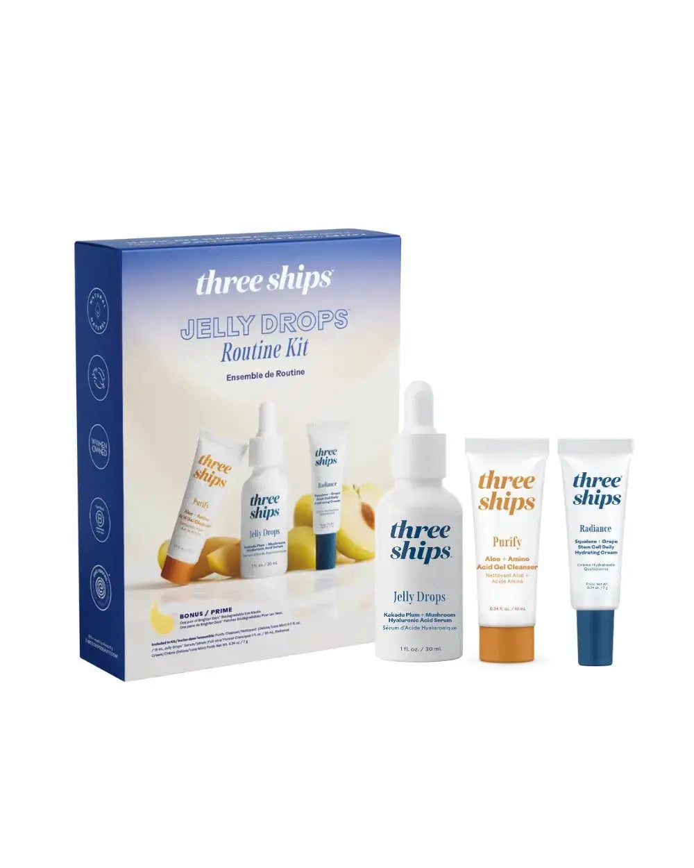 Jelly Drop Routine Kit by Three Ships featuring skincare products in white bottles with colorful labels on a white background.