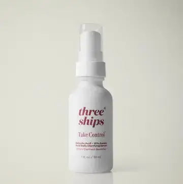 Three Ships Take Control Salicylic + 10% Azelaic Serum in a clear bottle with a dropper applicator, displaying the product label.