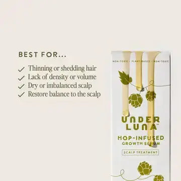 Under Luna Hop-infused Growth Serum bottle with dropper, showcasing natural ingredients and sleek packaging design.