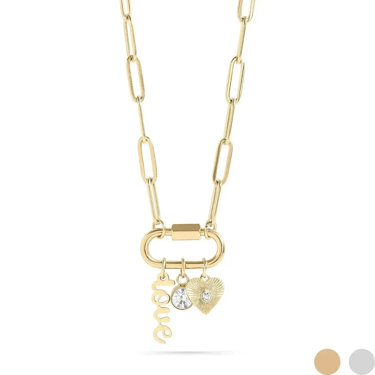 Gold Love Paperclip Charm Necklace by WJW featuring a delicate chain with a heart-shaped paperclip pendant.