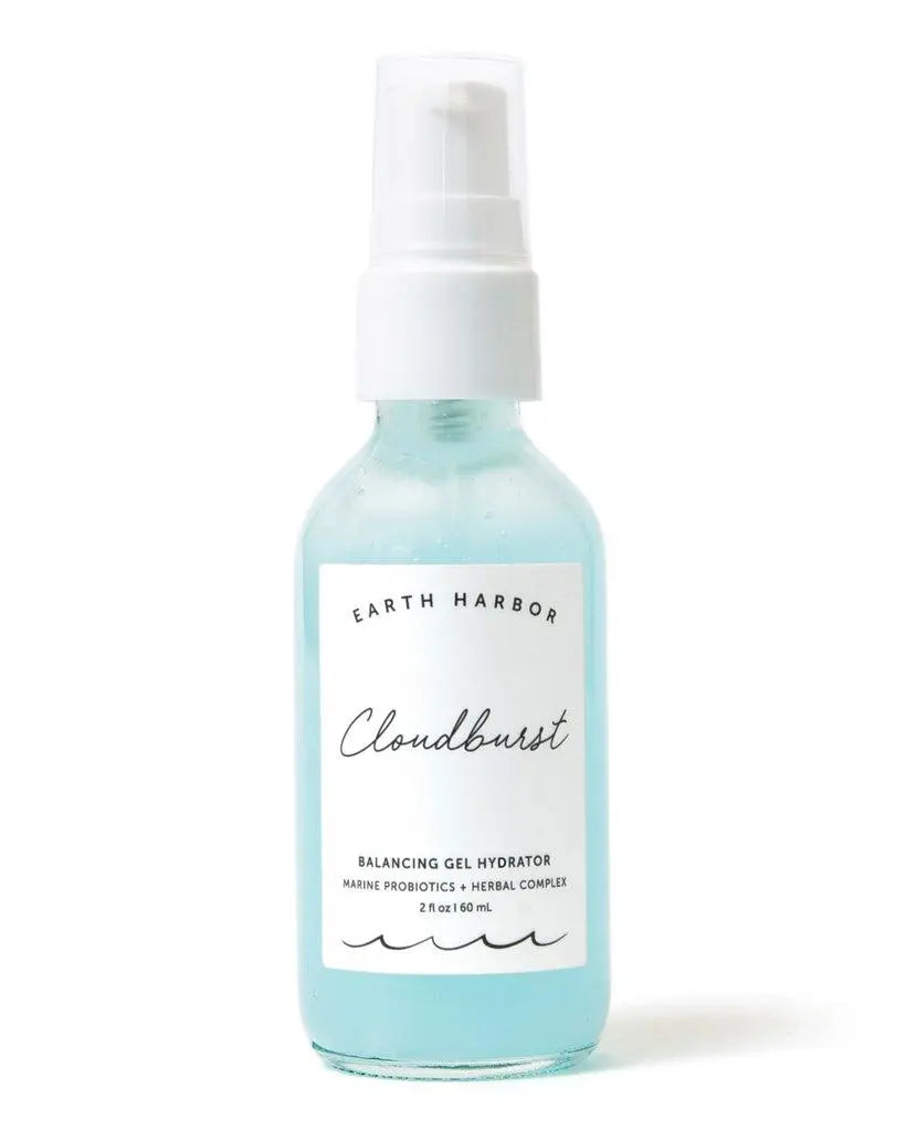 Earth Harbor Cloudburst Balancing Gel Hydrator skincare product in a clear jar with a blue and white label, showing the gel texture.