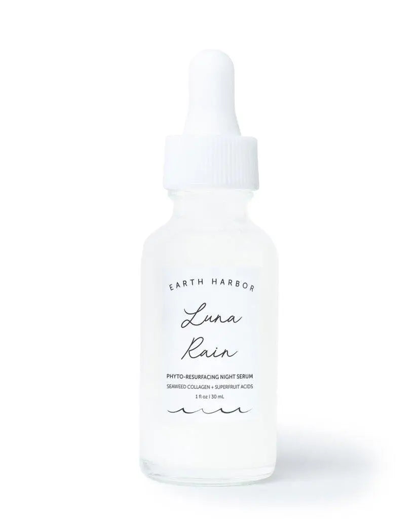 Earth Harbor Luna Rain Phyto-Resurfacing Night Serum in a sleek bottle, showcasing the skincare product used at night for skin renewal.