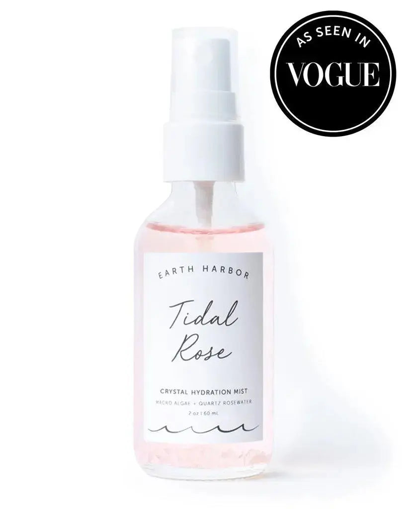 Earth Harbor Tidal Rose Seaweed Hydration Mist spray bottle with floral and seaweed imagery, showcasing skincare product for hydration.