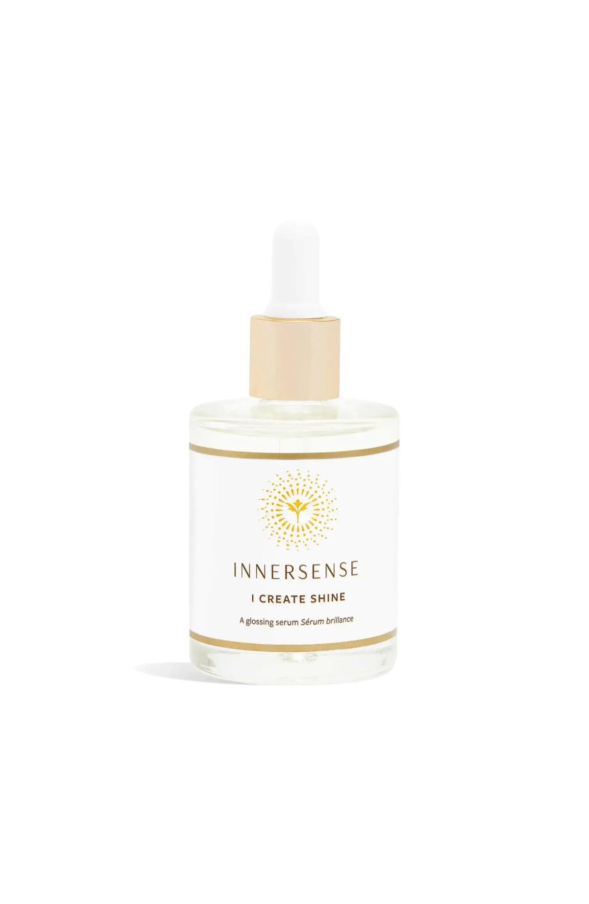 Innersense Organic Beauty I Create Shine hair serum bottle with clear labeling and sleek design, highlighting natural hair shine.