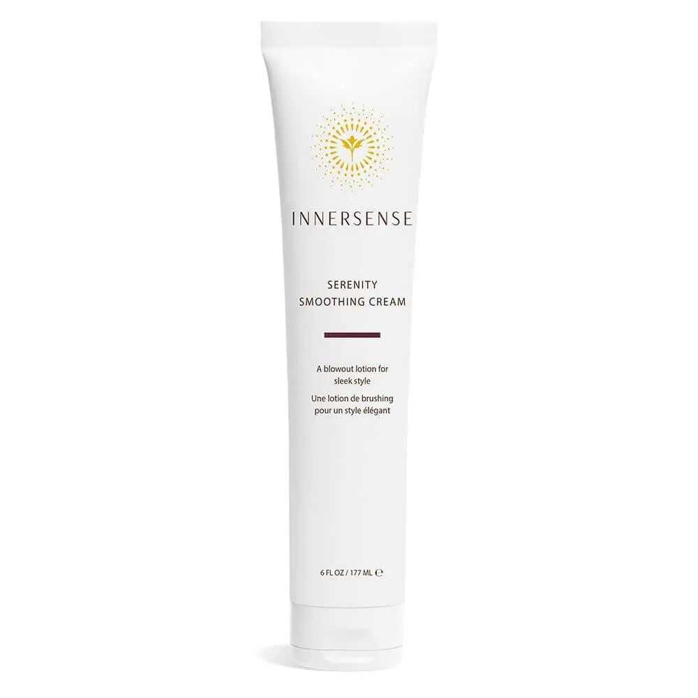 Innersense Organic Beauty Serenity Smoothing Cream jar with white lid, smooth cream inside, for hair or skin hydration and softness.