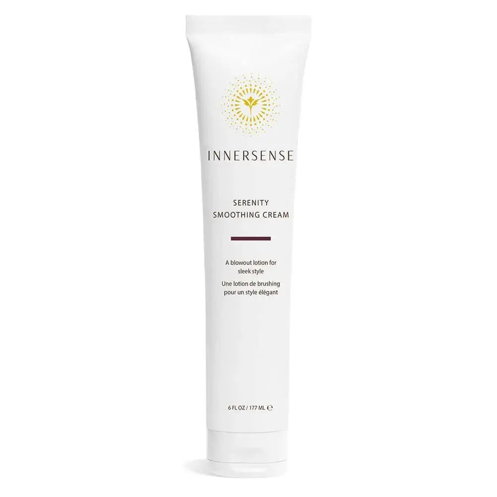 Innersense Organic Beauty Serenity Smoothing Cream jar with white lid, smooth cream inside, for hair or skin hydration and softness.
