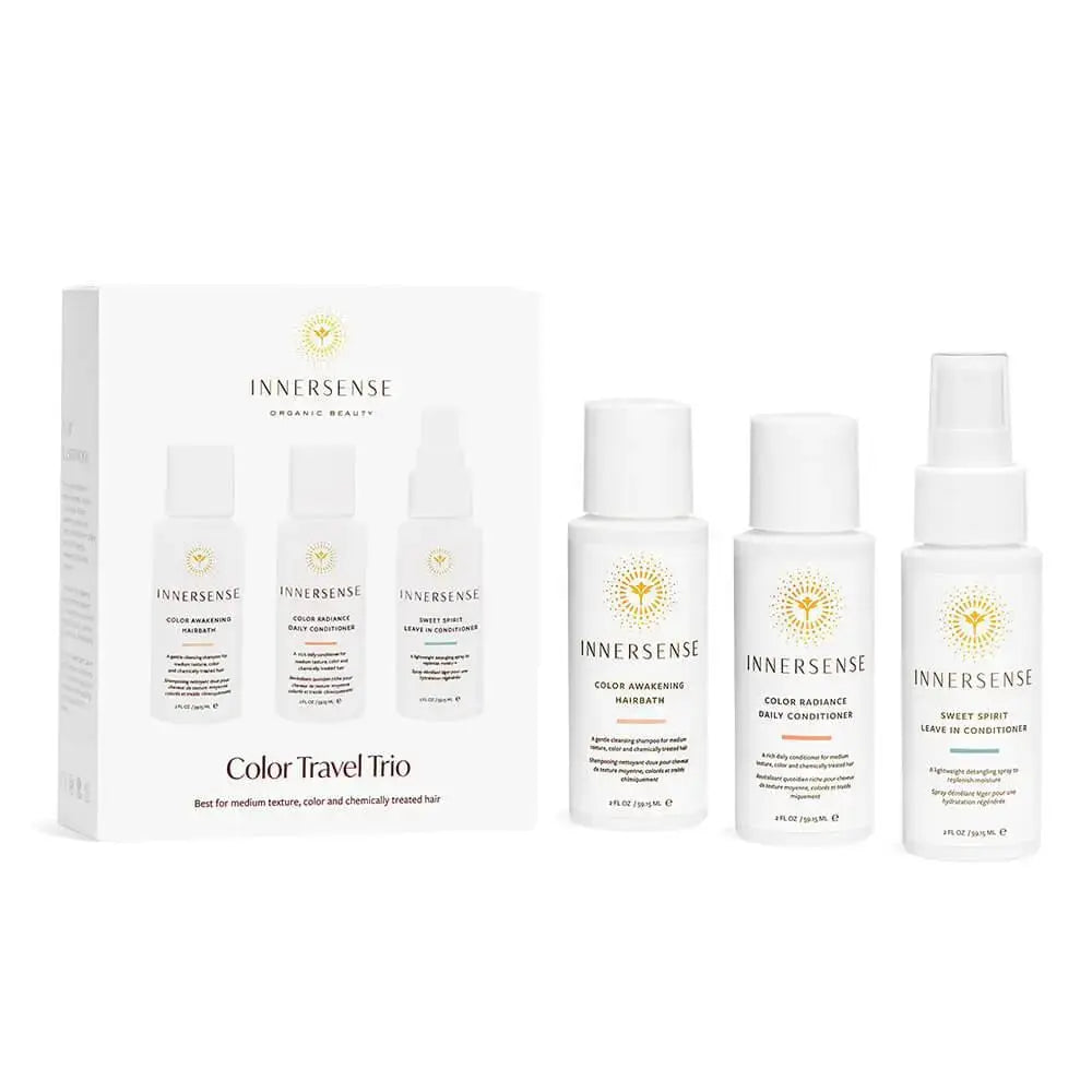 Innersense Organic Beauty Color Travel Trio hair set with shampoo, conditioner, and treatment bottles for color-treated hair.