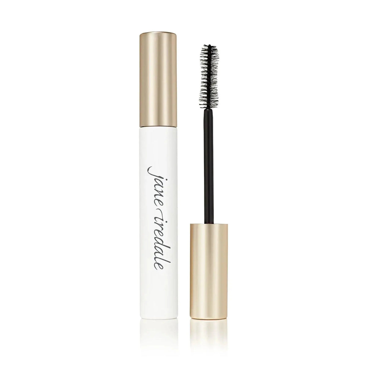 Jane Iredale Beyond Lash™ Volumizing Mascara in black, showcasing the mascara wand and brush with thick, voluminous lashes.