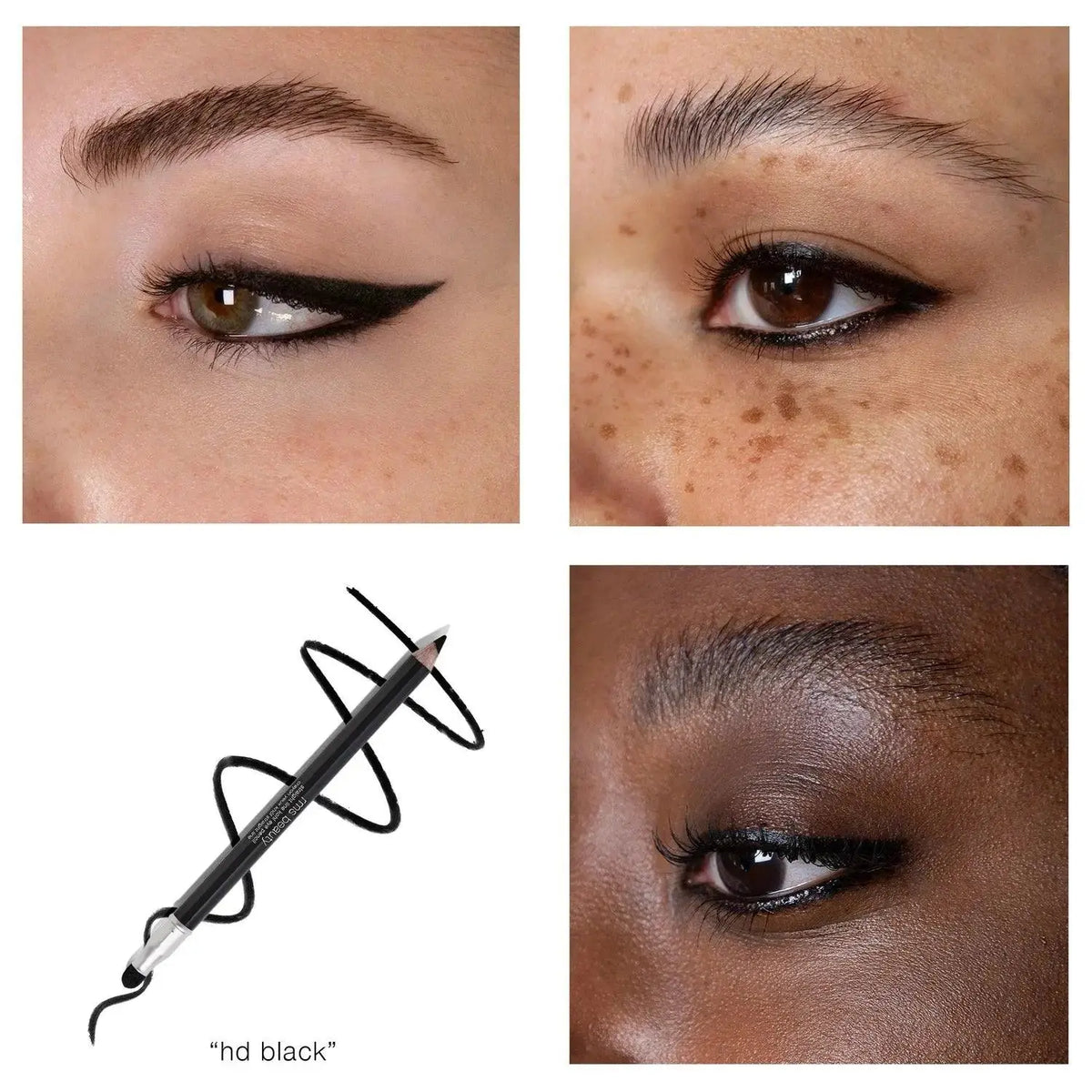RMS Beauty Straight Line Kohl Eye Pencil in black, close-up of the black eyeliner pencil with the product name visible.