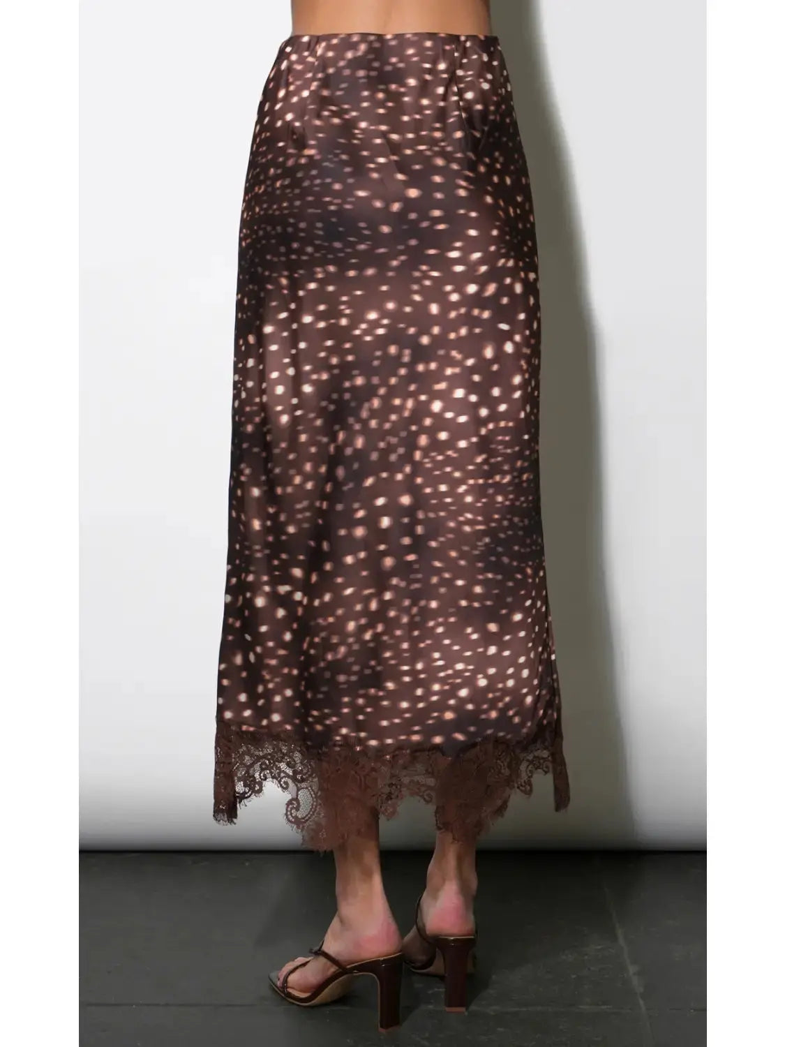 Greylin Winona lace trim satin midi skirt in a sleek satin finish
