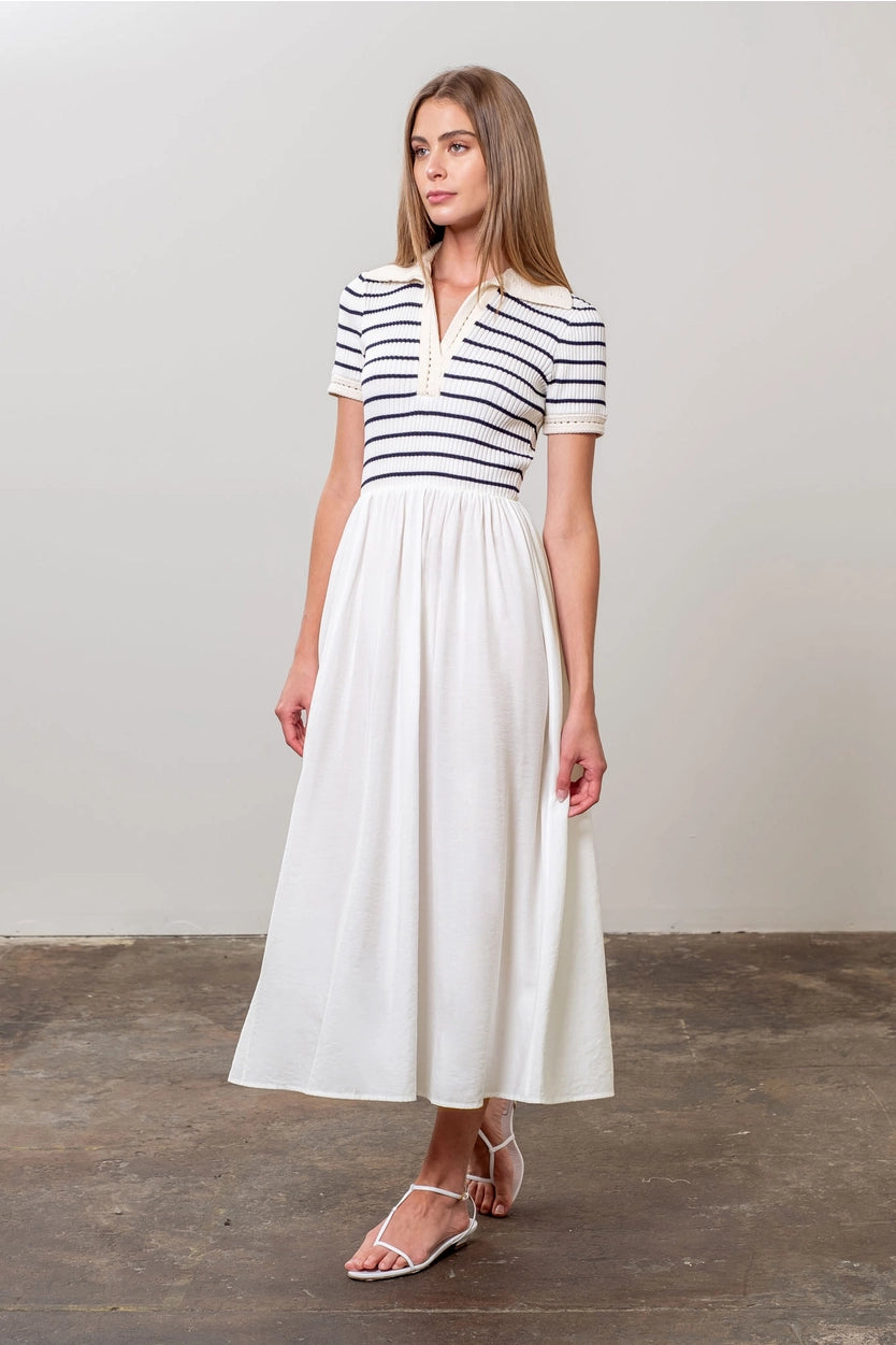 Stripe Collar Mix Midi Dress