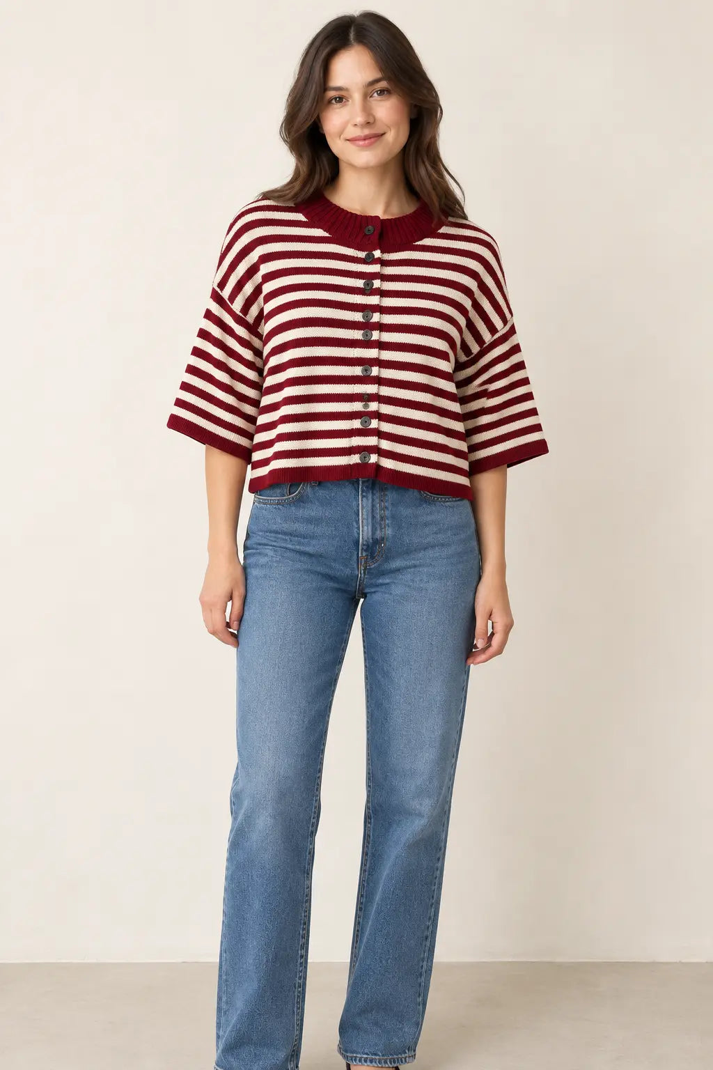 Olive green and beige striped Briar cardigan by Olivaceous, cozy knit apparel with button closure and long sleeves.