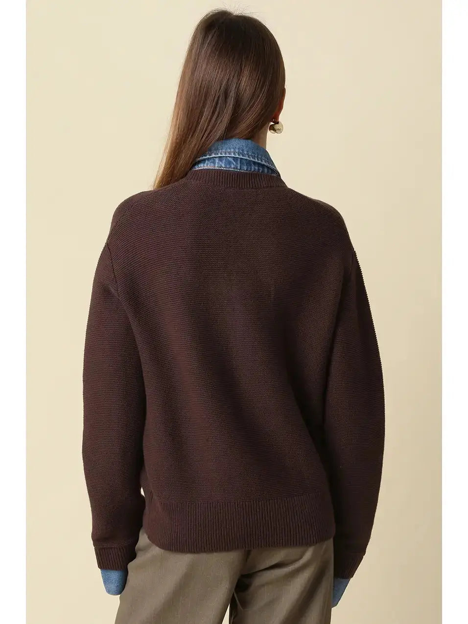 Olive green Dana Denim Trim Knit Cardigan by Olivaceous with denim accents, soft knit fabric, long sleeves, and a cozy fit.