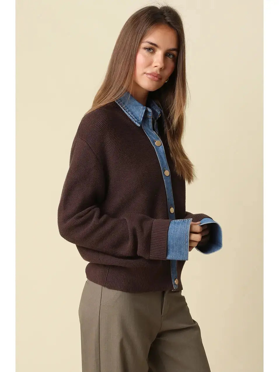 Olive green Dana Denim Trim Knit Cardigan by Olivaceous, featuring denim accents and a cozy knit fabric, front view.