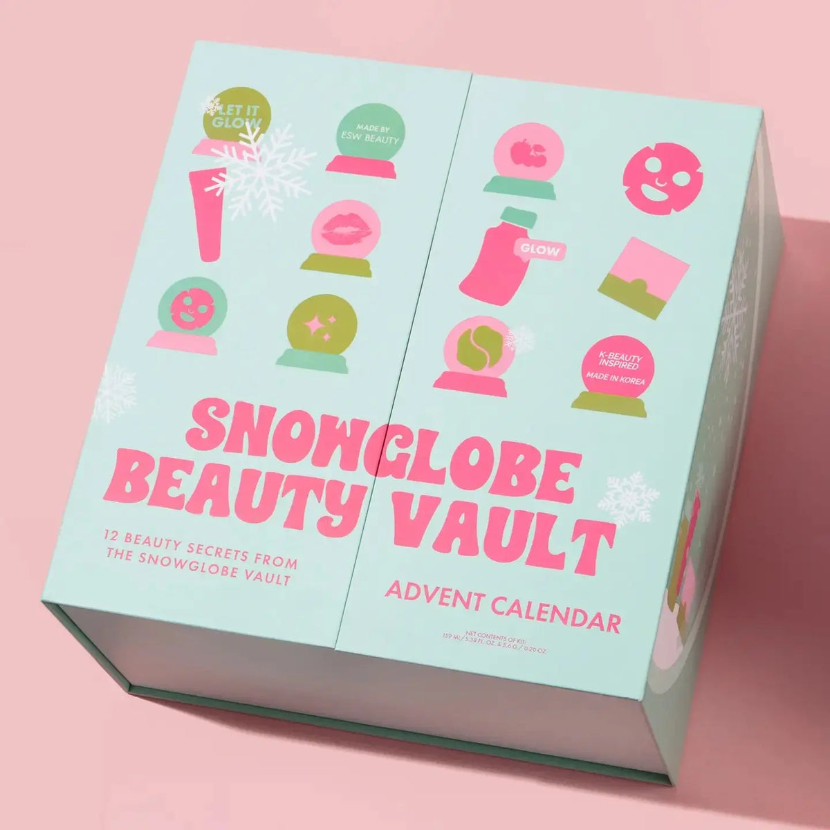 ESW Beauty Snow Globe 12-Day Advent Calendar skincare gift set with festive packaging and multiple skincare products inside.