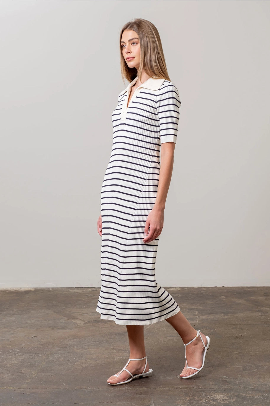 Striped Collar Short Sleeve Midi Dress