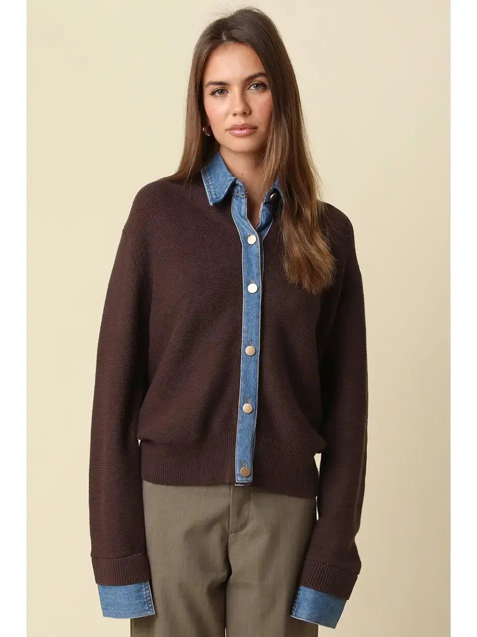 Olivaceous Dana denim-trim knit cardigan, cozy apparel with stylish denim accents, displayed on a neutral background.