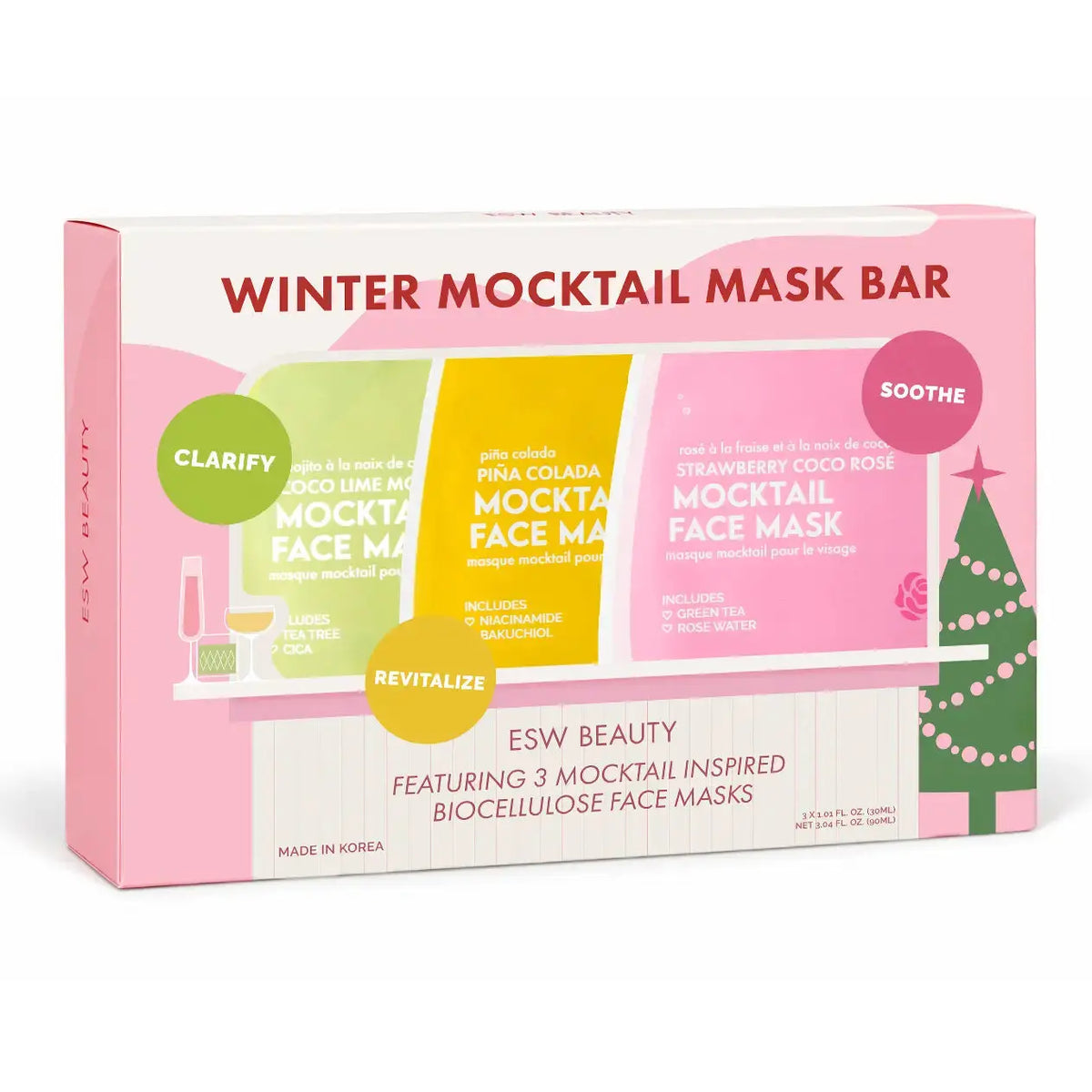 ESW Beauty Winter Mocktail Mask Bar Set with six colorful skincare masks and packaging, designed for nourishing winter skincare.