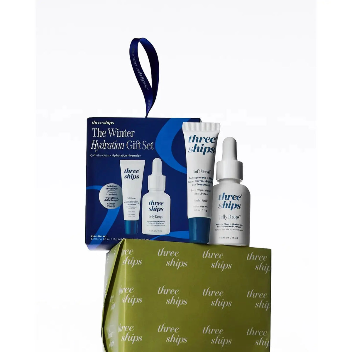 Three Ships Winter Hydration Gift Set featuring skincare products with moisturizing creams and serums in festive packaging.