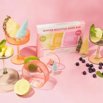 ESW Beauty Winter Mocktail Mask Bar Set with seven colorful skincare masks arranged in a display tray.