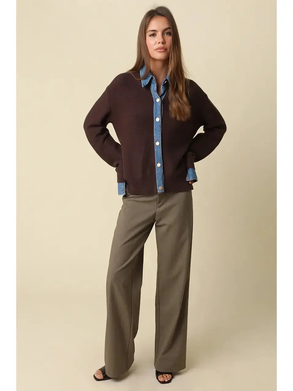 Olive green Dana denim trim knit cardigan by Olivaceous featuring a soft knit fabric and denim accents, casual and stylish apparel.
