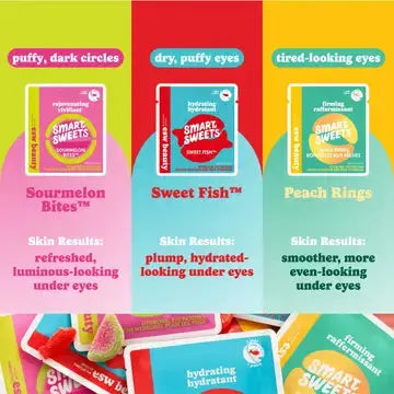 ESW Beauty x SmartSweets eye patches in clear packaging, designed to reduce puffiness and hydrate under-eye area.