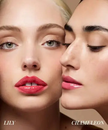 RMS Beauty Mini Lip Oil Trio featuring three small lip oils in clear and tinted bottles, displayed on a white background.