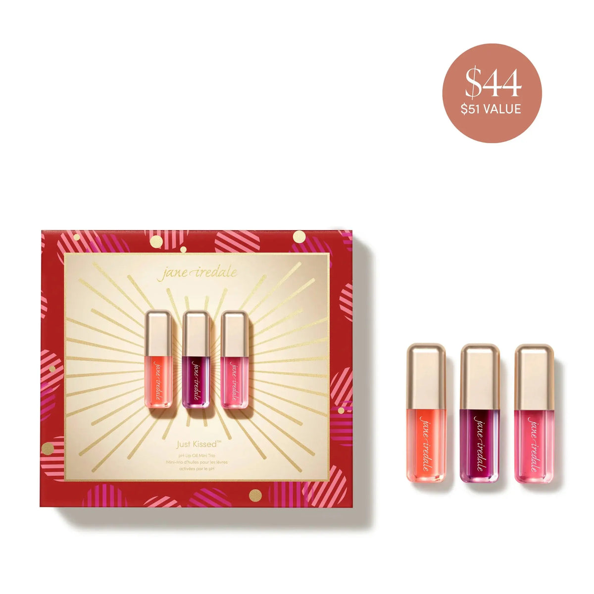 Jane Iredale Just Kissed Mini Lip Oil Trio set featuring three colorful lip oils in sleek tubes.