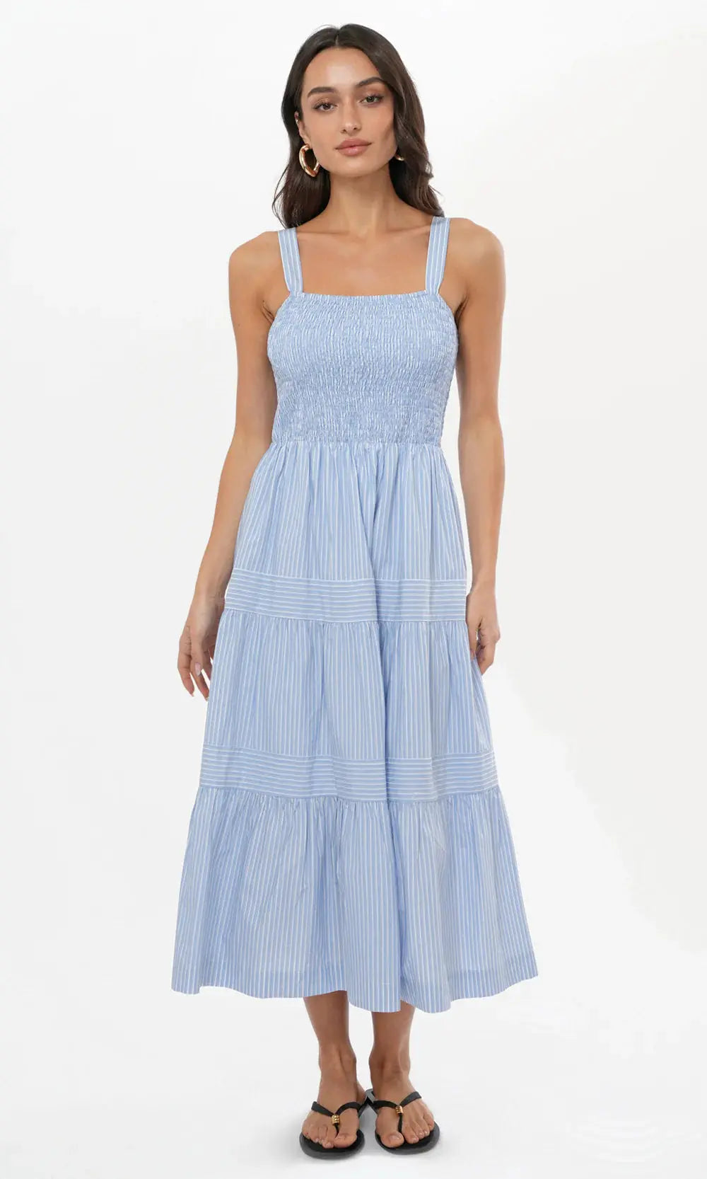 Lisa Stripe Tiered Smocked Midi Dress - Sprig Beauty Co