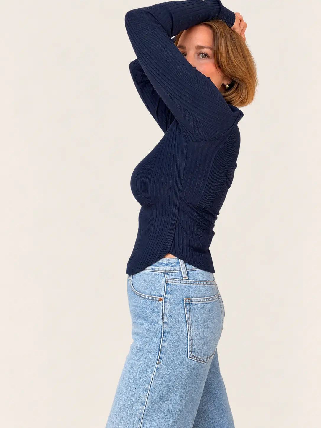Gray Ellis ribbed mock neck sweater by Stateside, close-up of textured fabric and mock neckline detail.