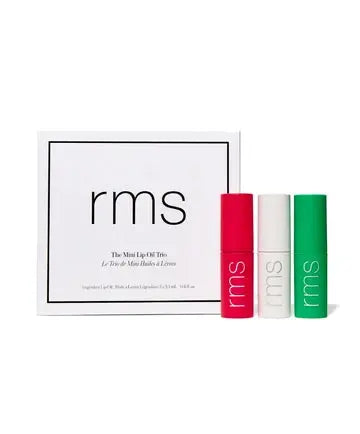 RMS Beauty Mini Lip Oil Trio featuring three small lip oils in clear and tinted bottles, perfect for nourishing lips.