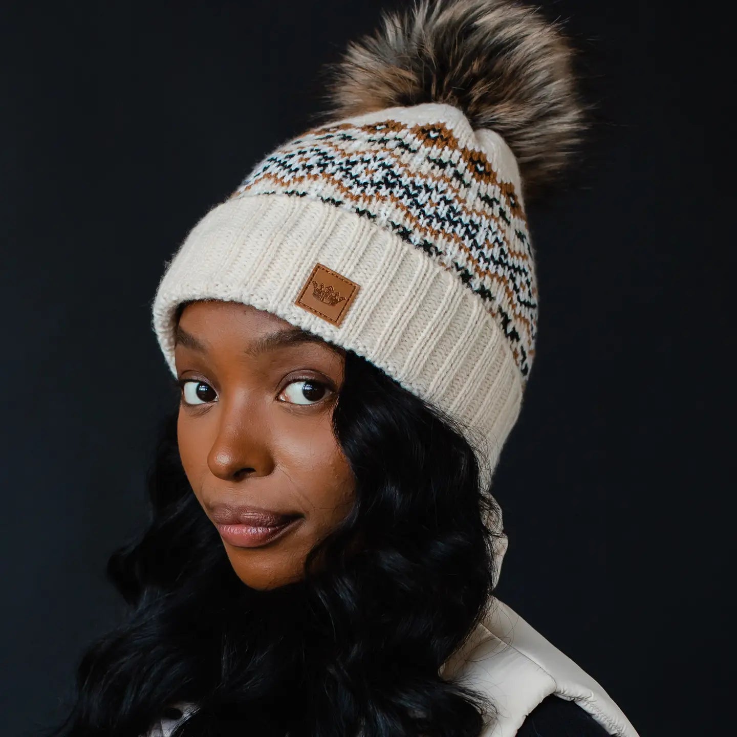 Cream, Black & Camel Patterned Pom Hat