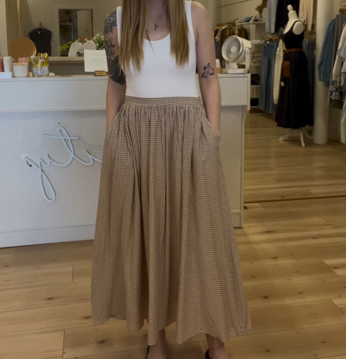 Moon River Brown Gingham Midi Skirt - Sprig Beauty Co