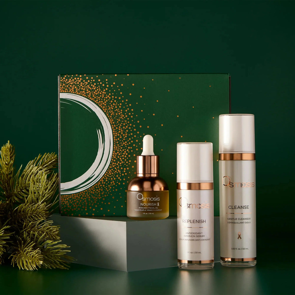 Osmosis Let It Glow skincare kit with brightening products, featuring bottles and jars arranged on a white background.