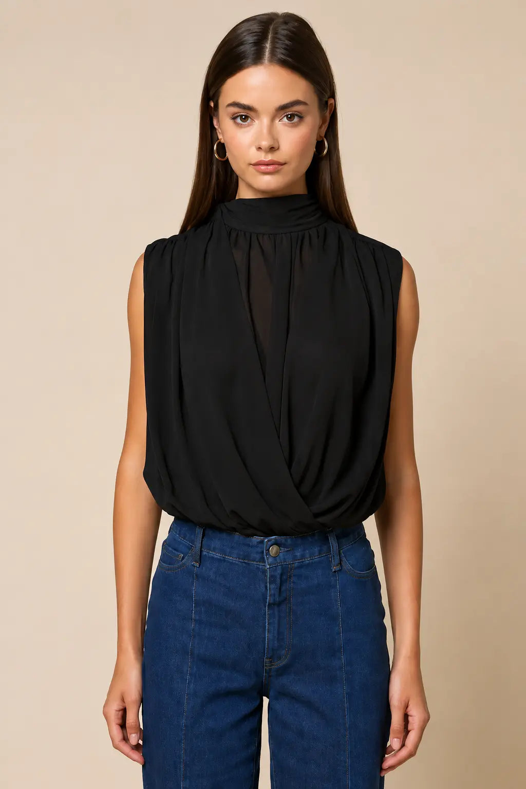 Black Lalavon Sloane Draped Chiffon Top with mock neck, lightweight and flowy, stylish women's apparel for elegant casual wear.