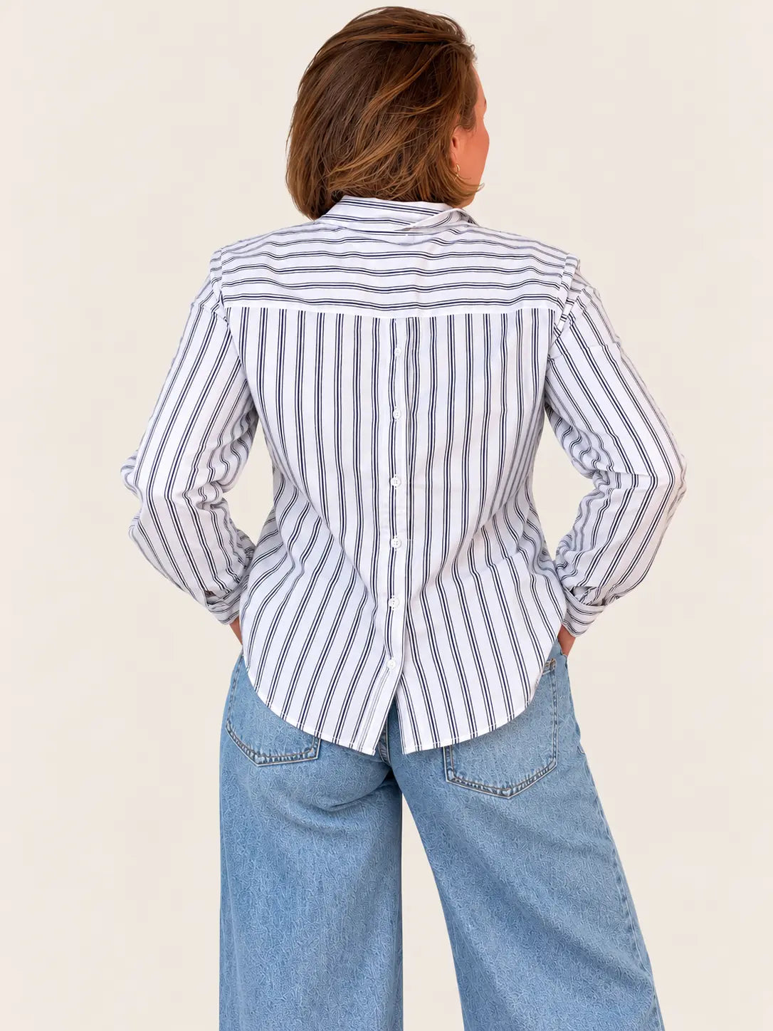 Stateside Parker striped button-down shirt, men's casual apparel with blue and white vertical stripes, front button closure.