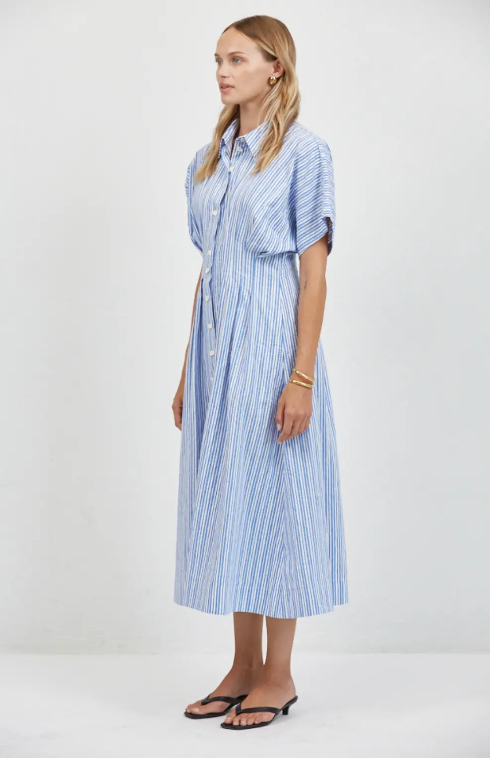 Aster Striped Shirt Dress – Cotton Linen Midi Dress A.ren