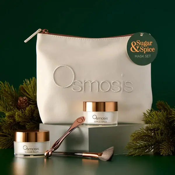 Osmosis Sugar and Spice skincare mask set with holiday-themed packaging, featuring two skincare masks in festive packaging.