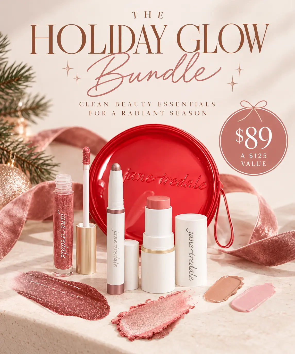 Jane Iredale Holiday Glow Bundle featuring radiant makeup products with a festive, glowing finish.