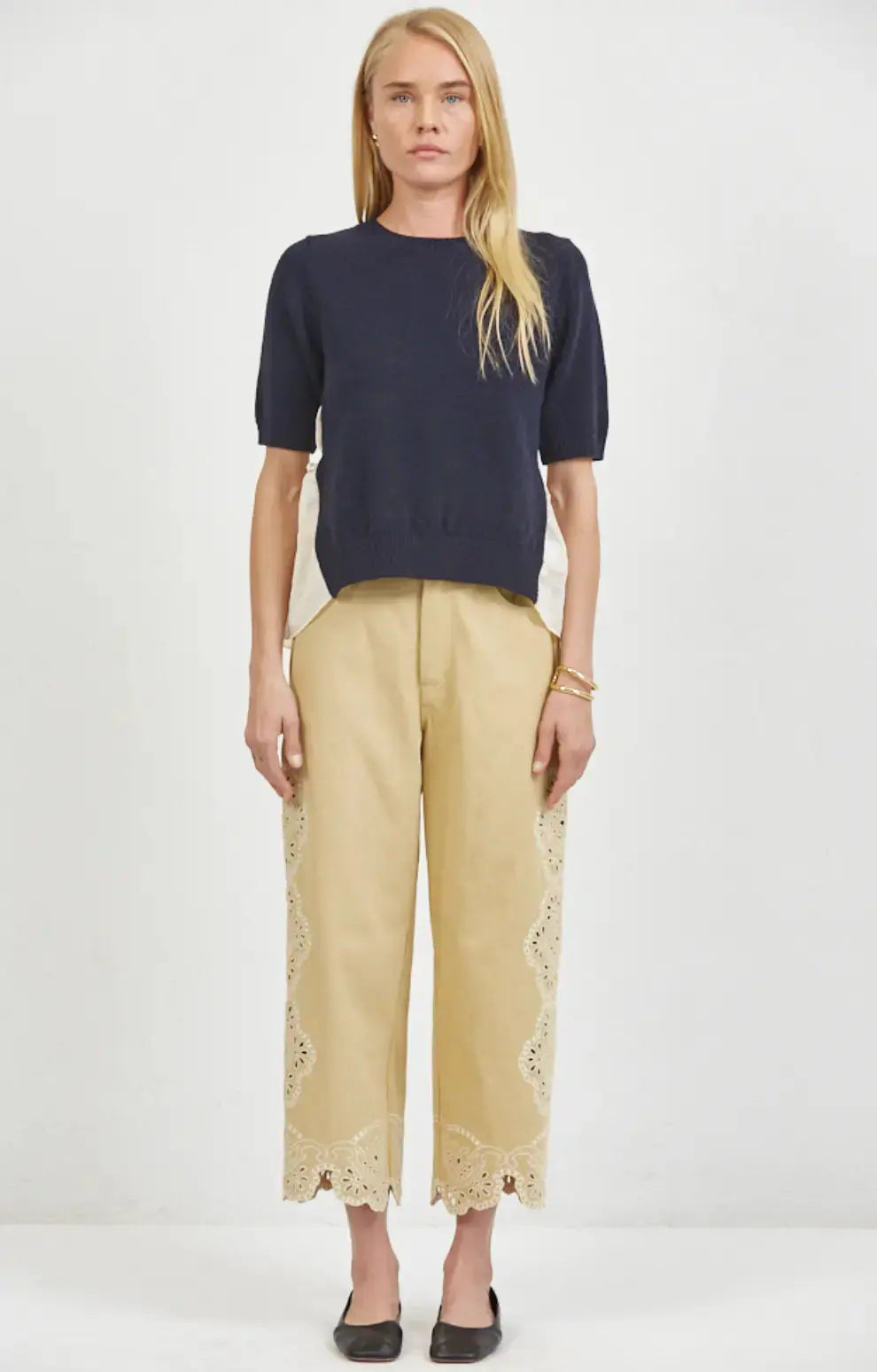 A.ren Jules Eyelet Pants in extra small, featuring eyelet detailing and a relaxed fit, styled as casual apparel for women.