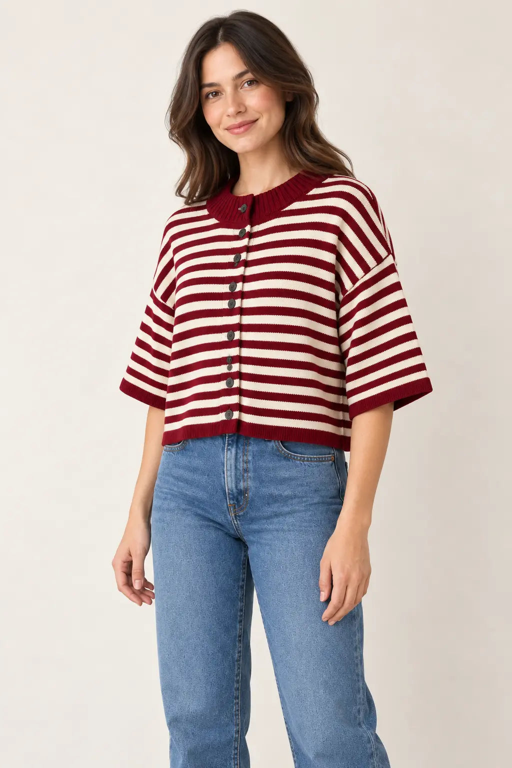 Olivaceous Briar striped cardigan featuring a cozy knit, button-up front, and ribbed cuffs in neutral and earthy tones.