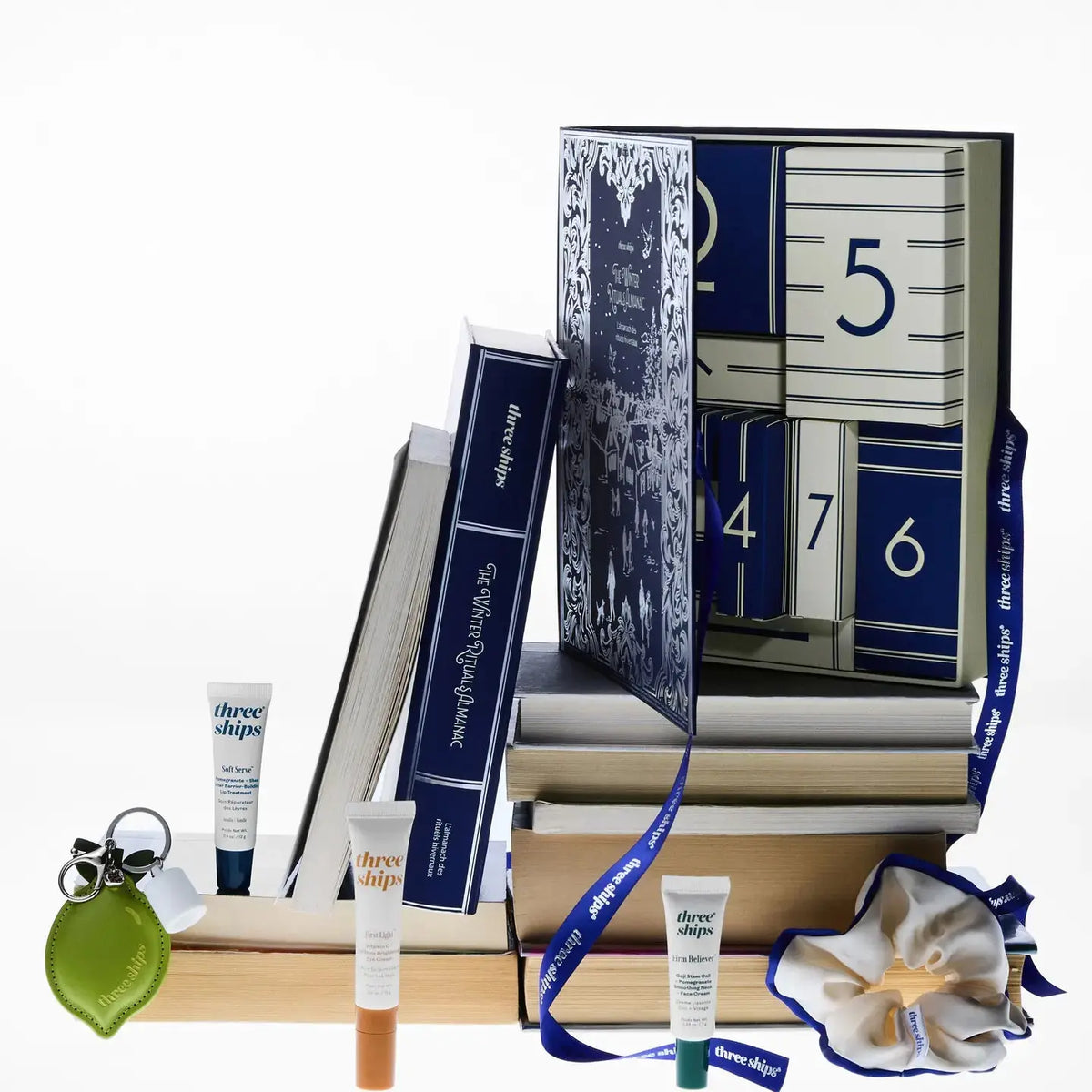 Three Ships skincare advent calendar with numbered slots and festive packaging for daily skincare surprises.